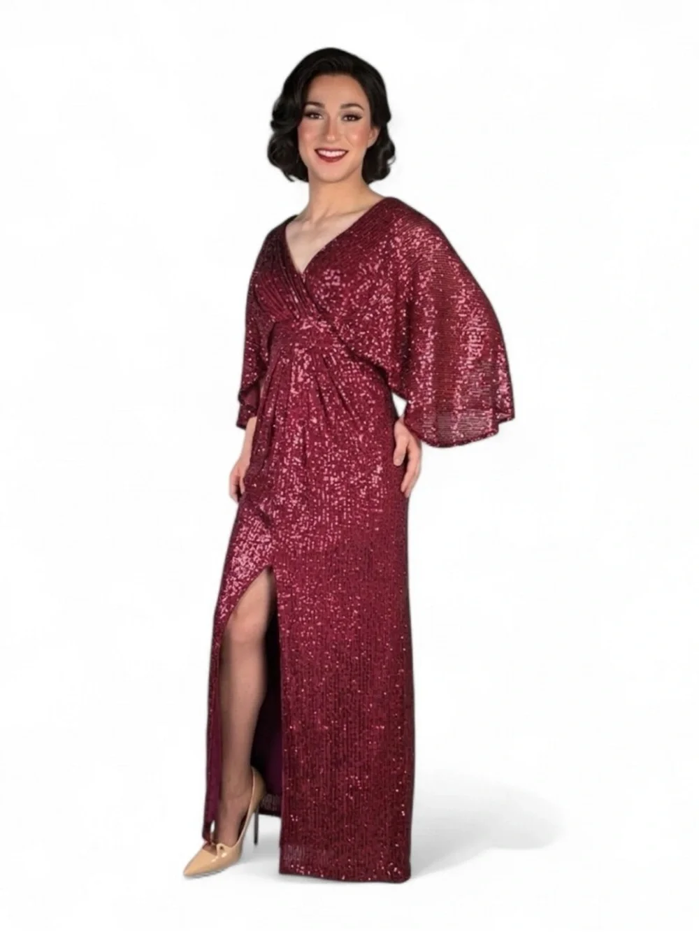 Nightway Burgundy Sequin Maxi Evening Dress 3/4 Flutter Sleeve V-Neck Zip Size 4 - Picture 1 of 4